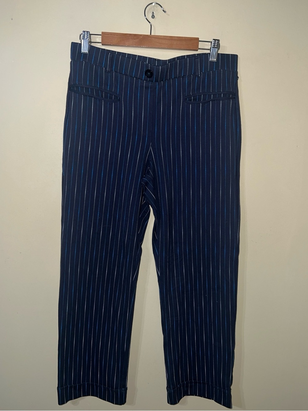 Betabrand Navy and White Pinstripe Dress Pants Large